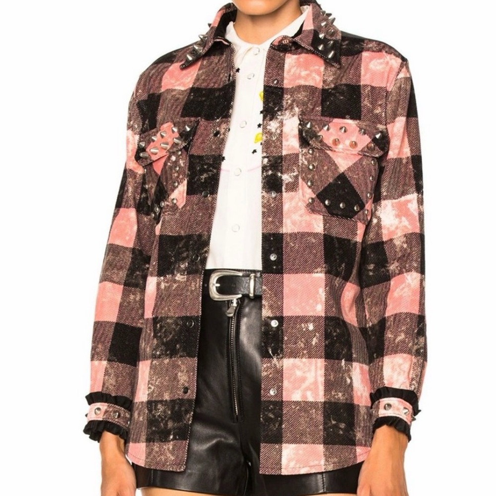 Coach Studded Leather Plaid Shirt Pink/Black NWOT